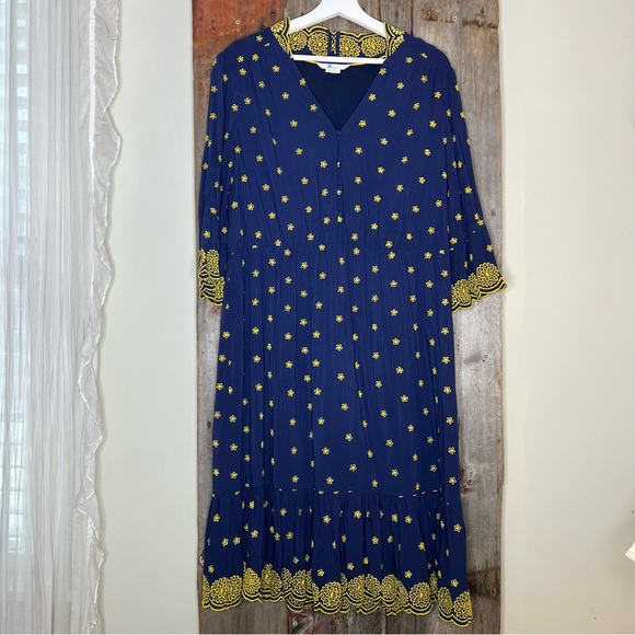Boden Bronwen Broderie Embroidered Midi Dress in Navy and Yellow Sz 12 - Picture 4 of 16